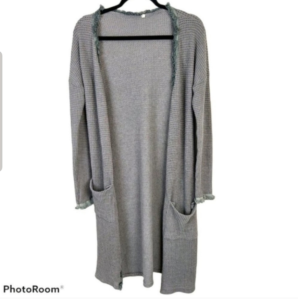 Grey Long Cozy Waffle Knit Long Sleeve Open  Long Duster Cardigan sz Small